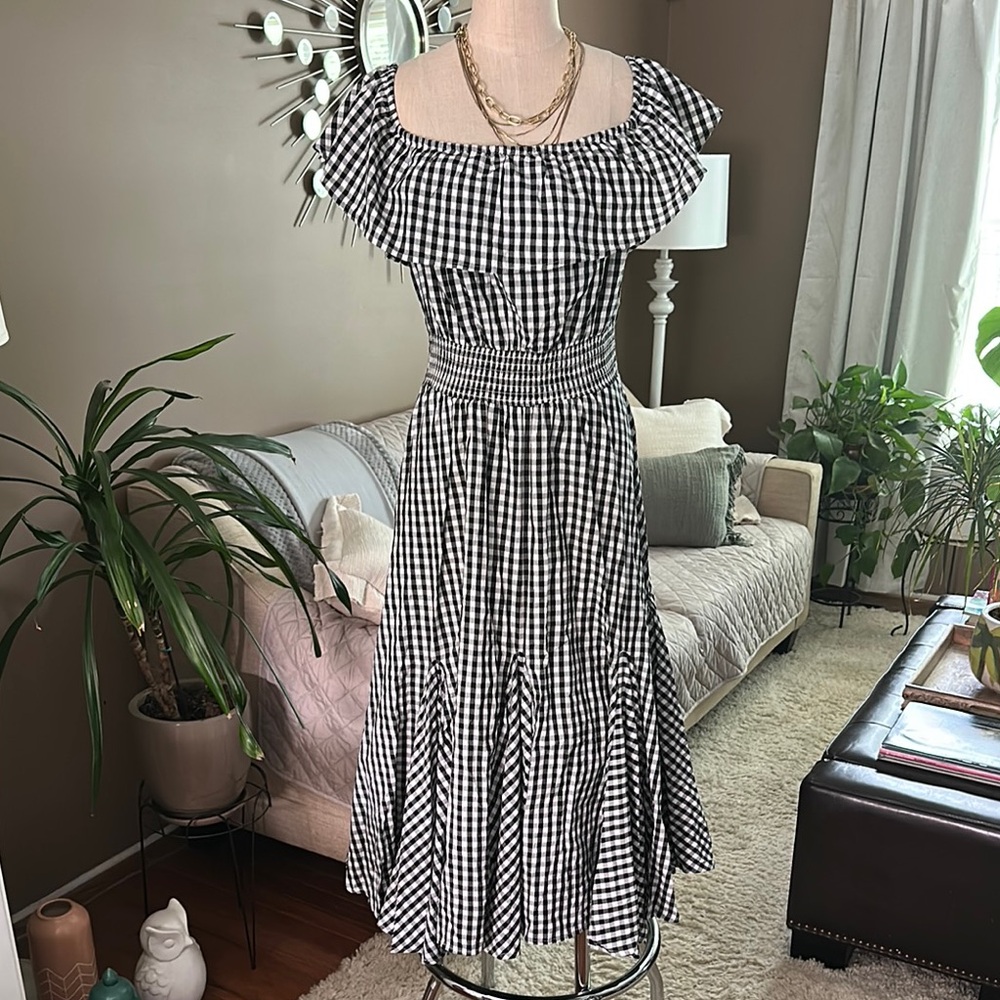 Chelsea & Theodore Black and White Gingham Ruffled Maxi Sundress
